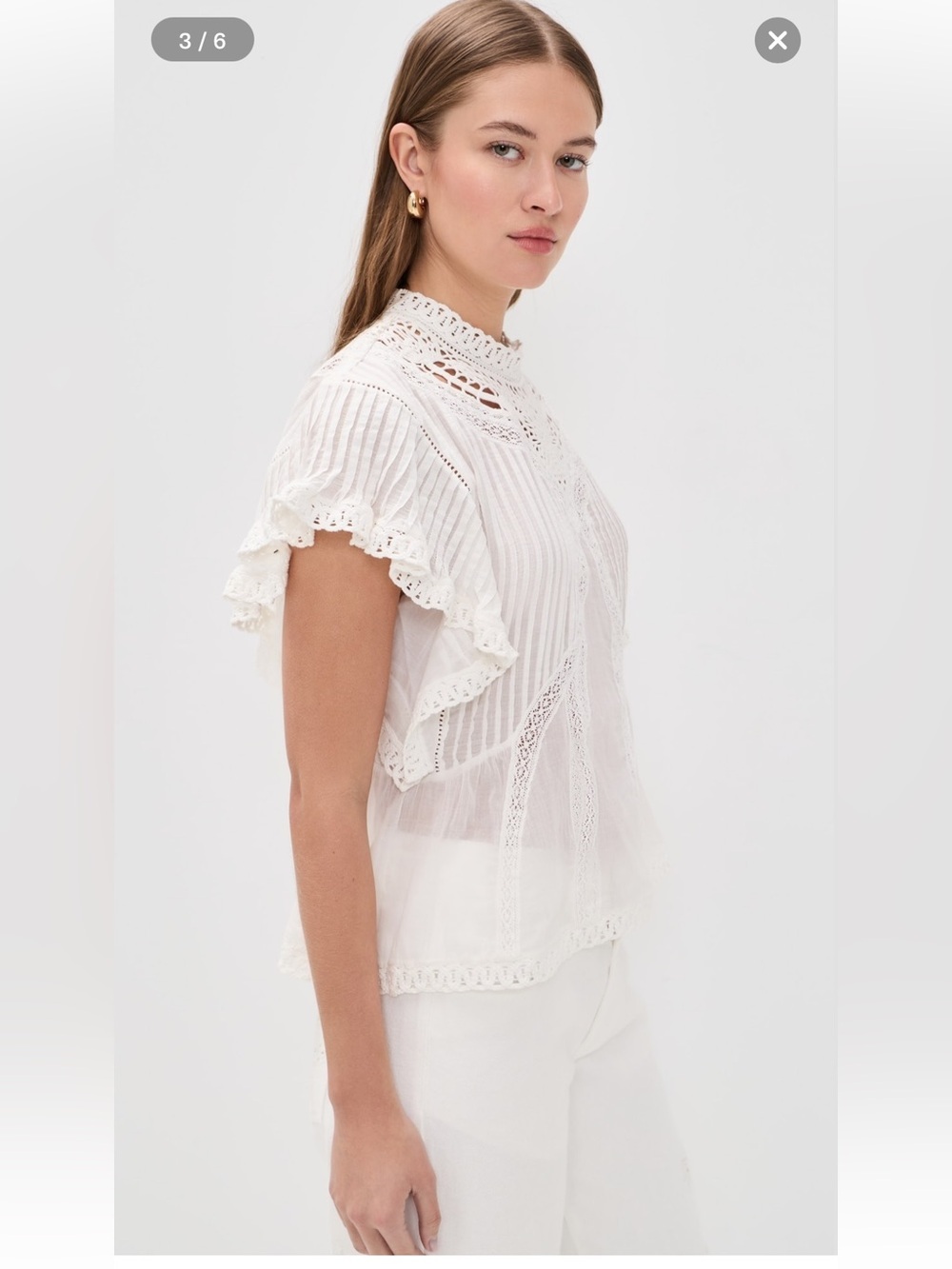 new Farm Rio Off-White Blouse With Appliqués voile and lace flutter sleeve - Picture 3 of 12